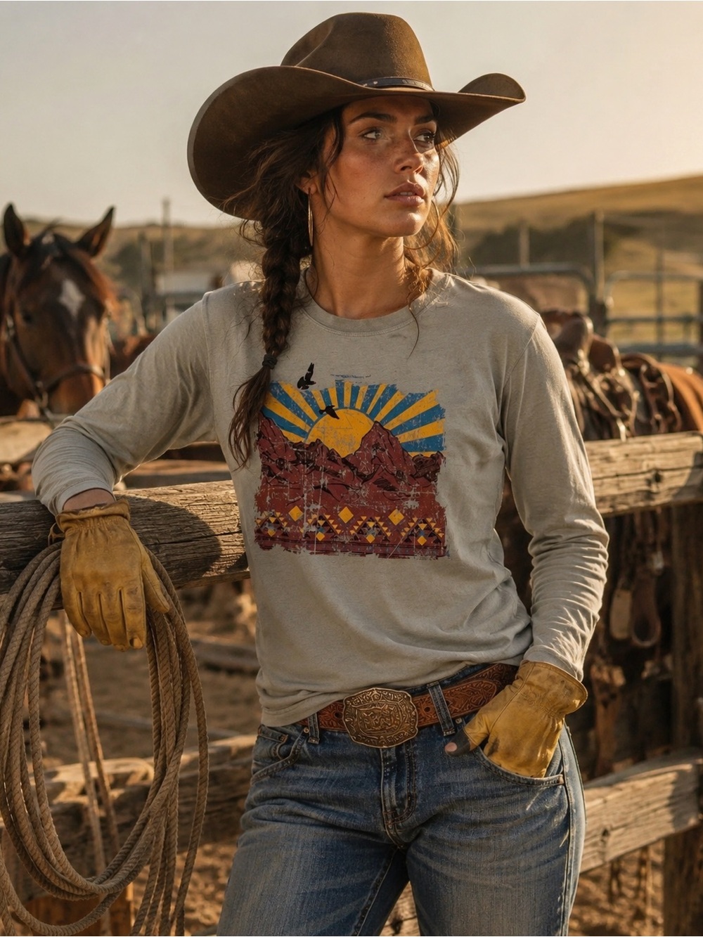Women's Gray Long-Sleeve Graphic Tee with Sunset Print #531CL